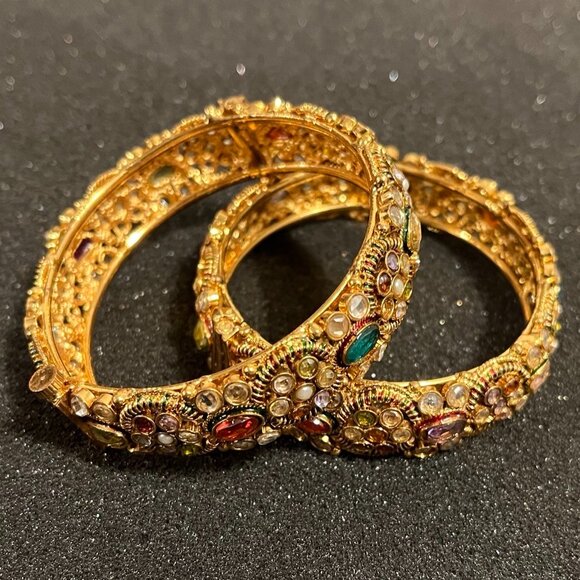 Gold-toned Bracelets with Rhinestones - 2.4" diameter - Picture 4 of 8